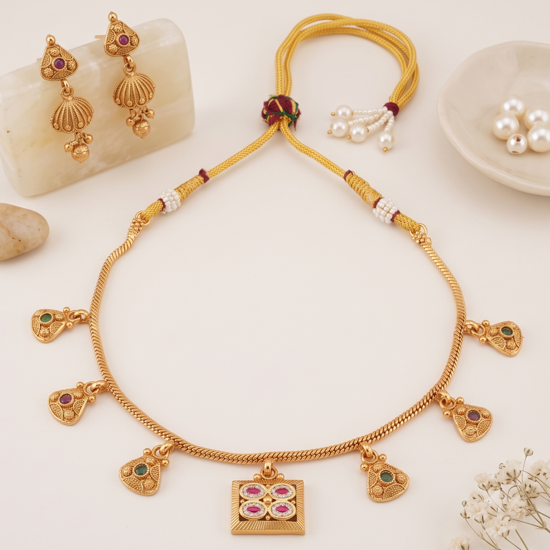 Suhana antique gold charm necklace set