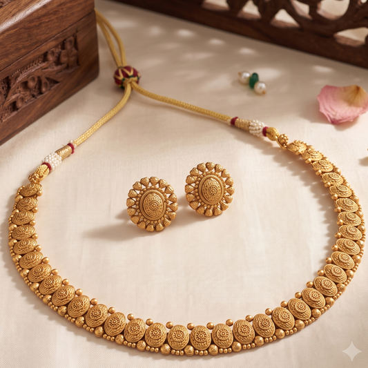 Elegant antique gold oval shaped necklace set