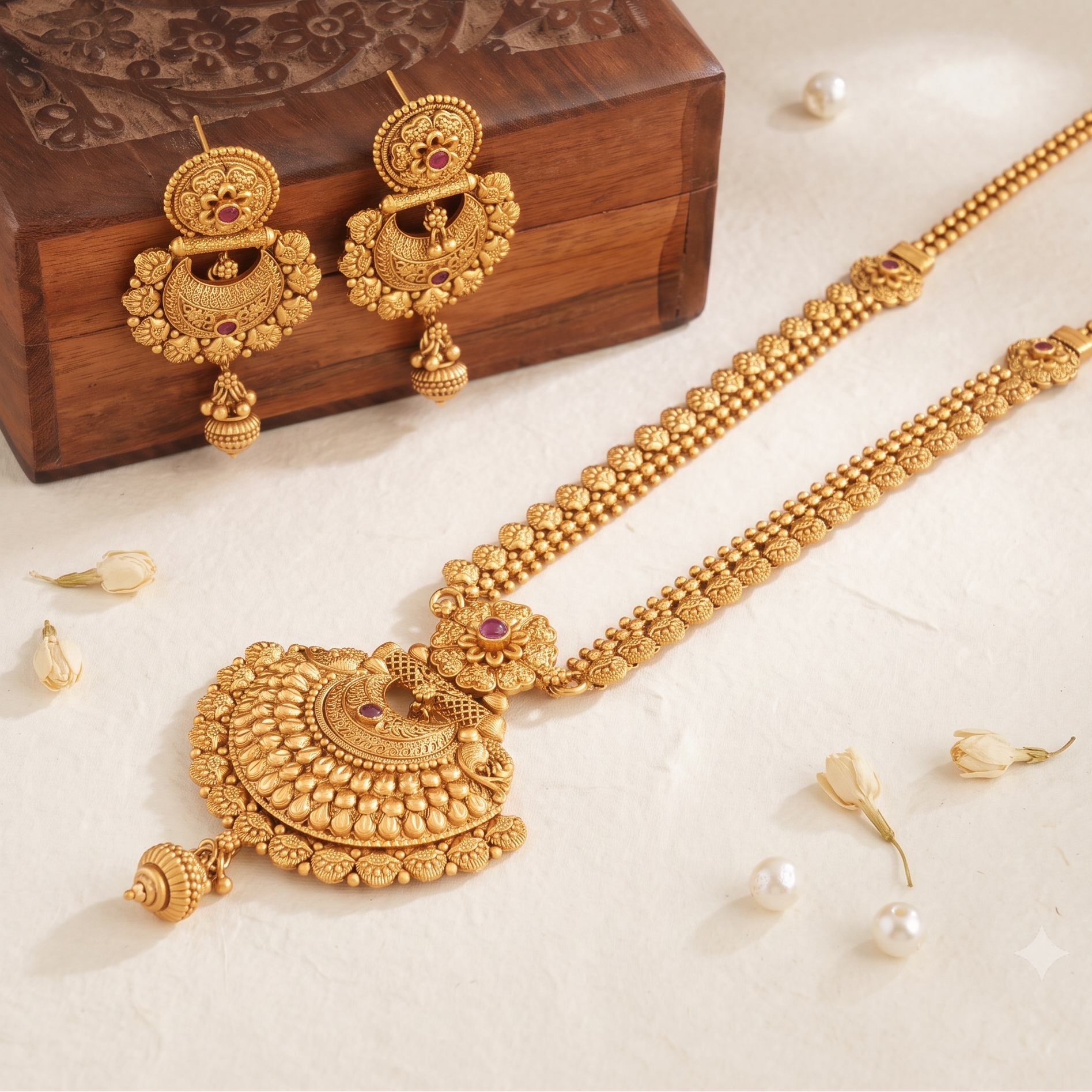 Long plain antique gold necklace set with earring