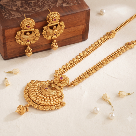 Long plain antique gold necklace set with earring I Temple Jewellery
