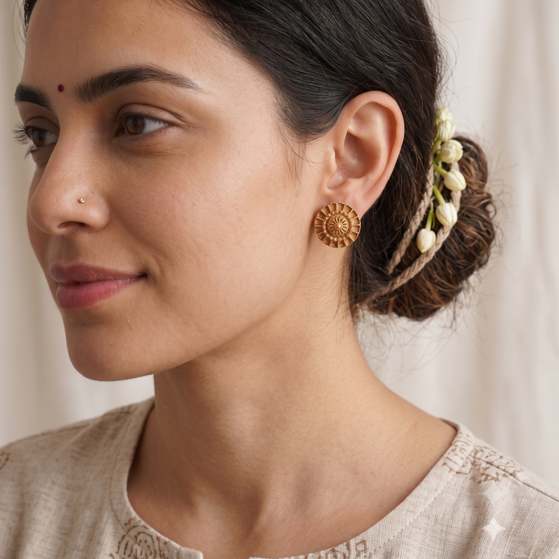 Round antique gold floral stud earring