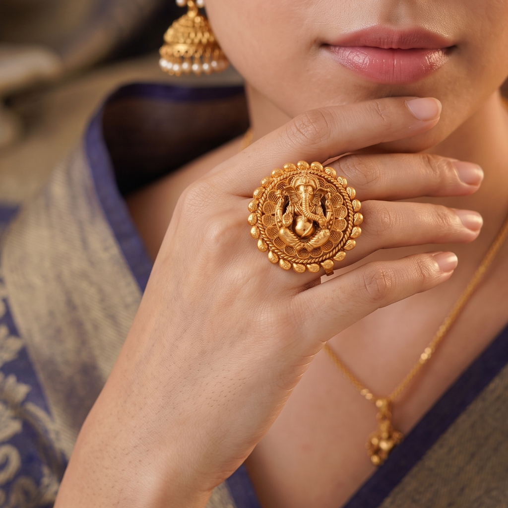 Stunning plain antique gold ganesh finger ring I Temple Jewellery