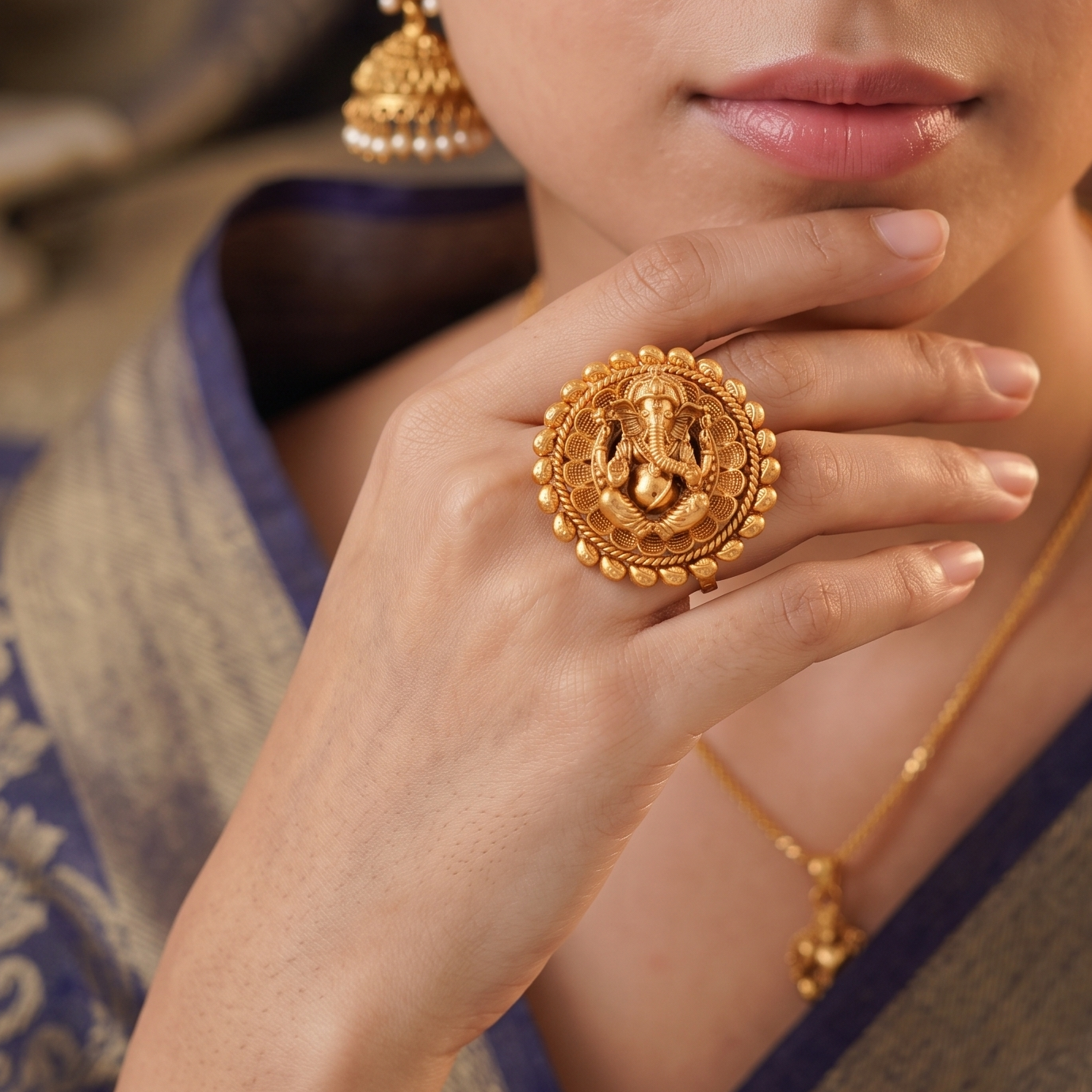 Stunning plain antique gold ganesh finger ring I Temple Jewellery
