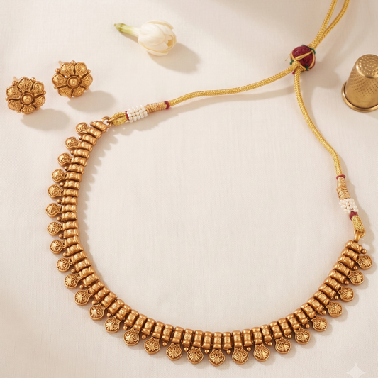 Elegant antique gold plain necklace set with stud earring