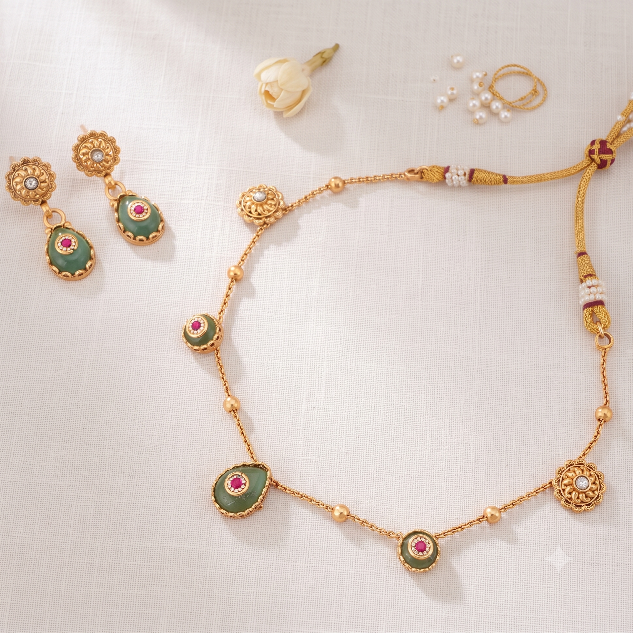 Gold plated nazakat panna drop necklace set