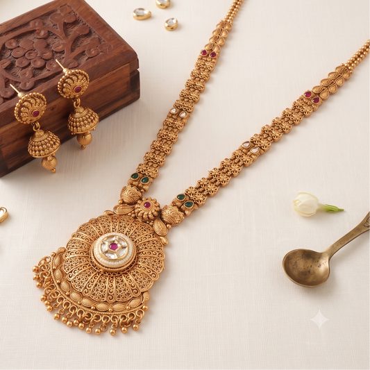 Beautiful long traditional stone necklace set for women