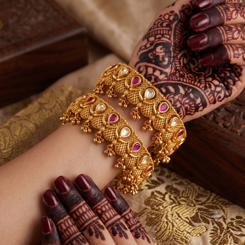 Antique Gold Kundan Stone Bangle Set