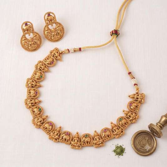Stunning multicolor plain antique gold ma lakshmi necklace set I Temple Jewelry