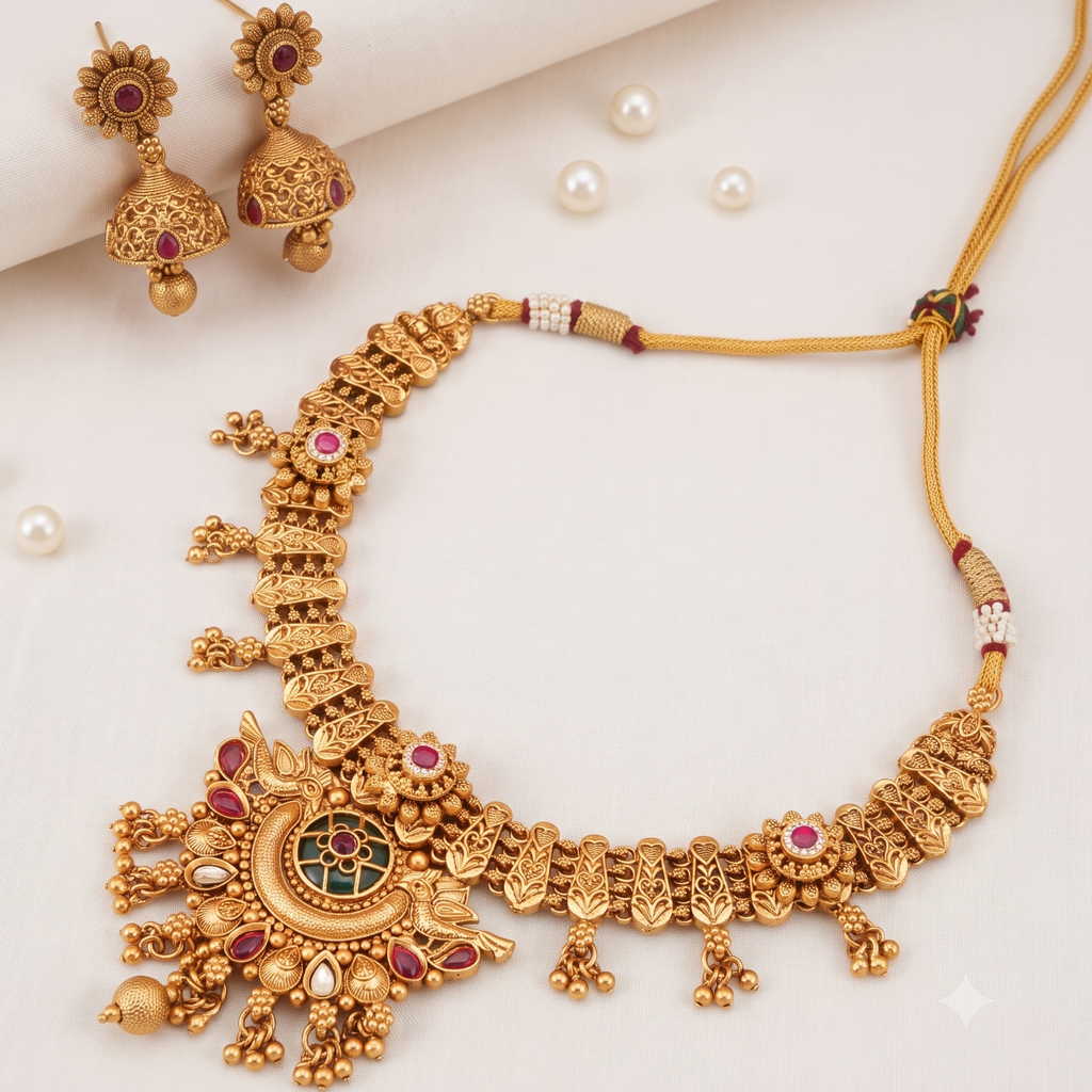 Stunning antique gold heritage peacock necklace set