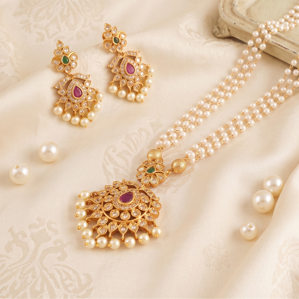 Stunning pearl antique gold stone pendant set