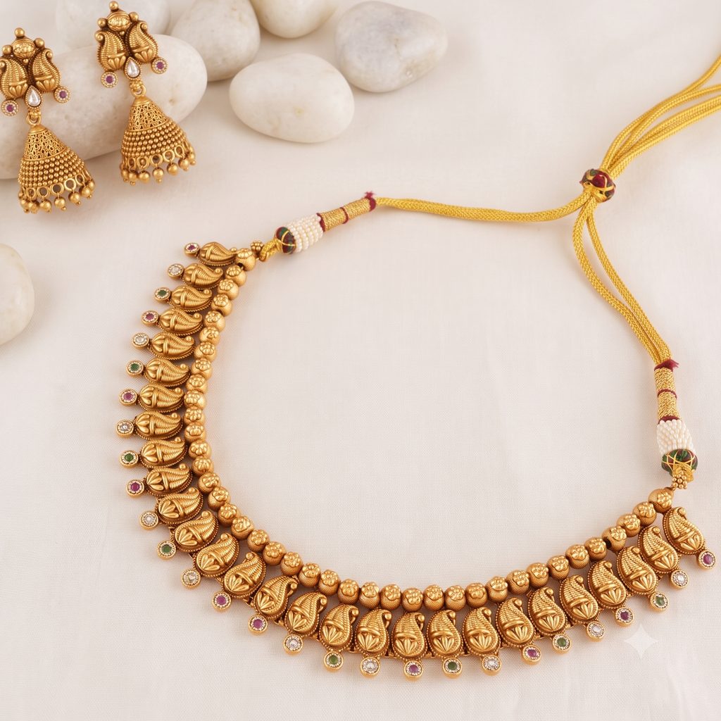 Beautiful paisley antique gold stone necklace set