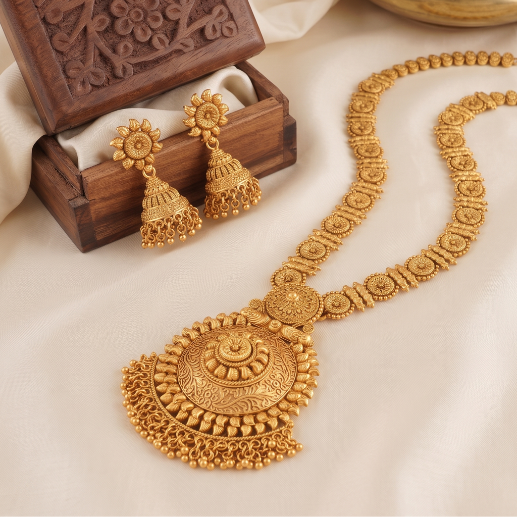 Stunning long antique gold traditional necklace set with earring