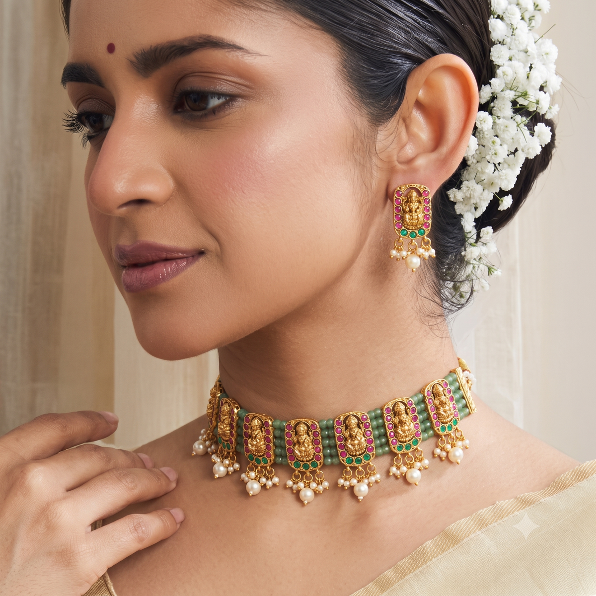 Stunning multicolor antique gold maa lakshmi necklace set