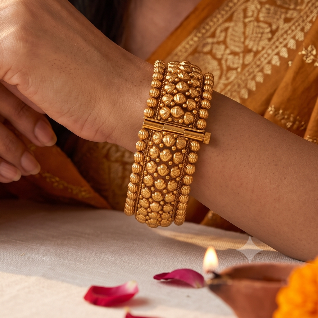 Gorgeous plain antique gold broad openable kada bangle