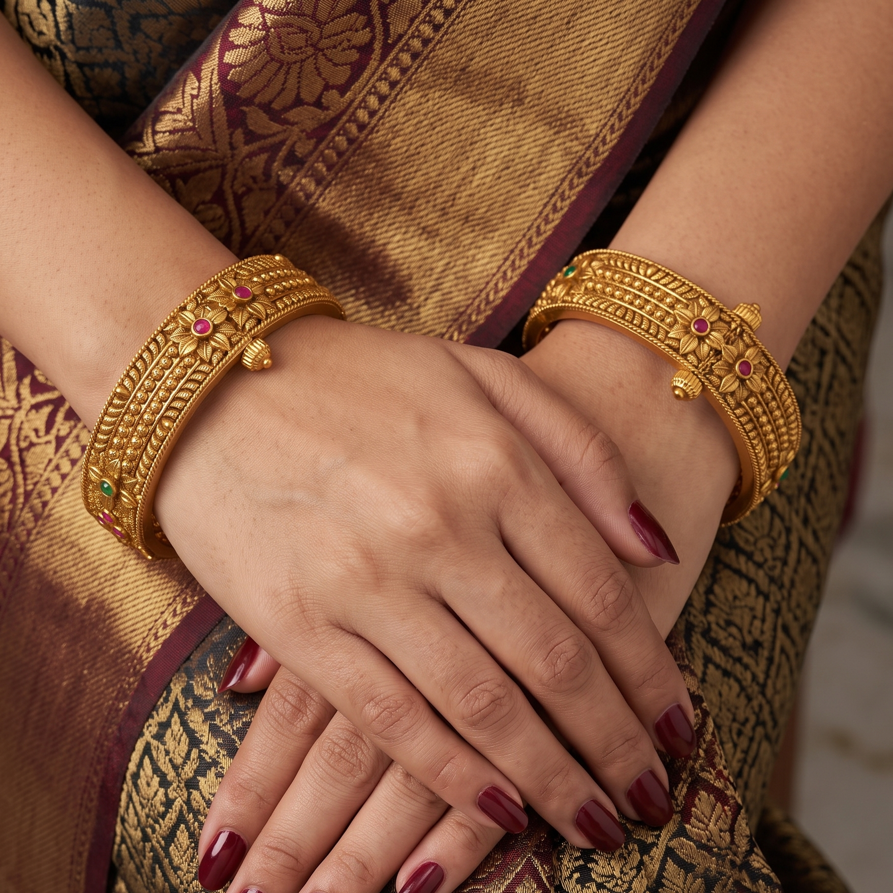 Royal antique gold multicolor stone openable bangle set