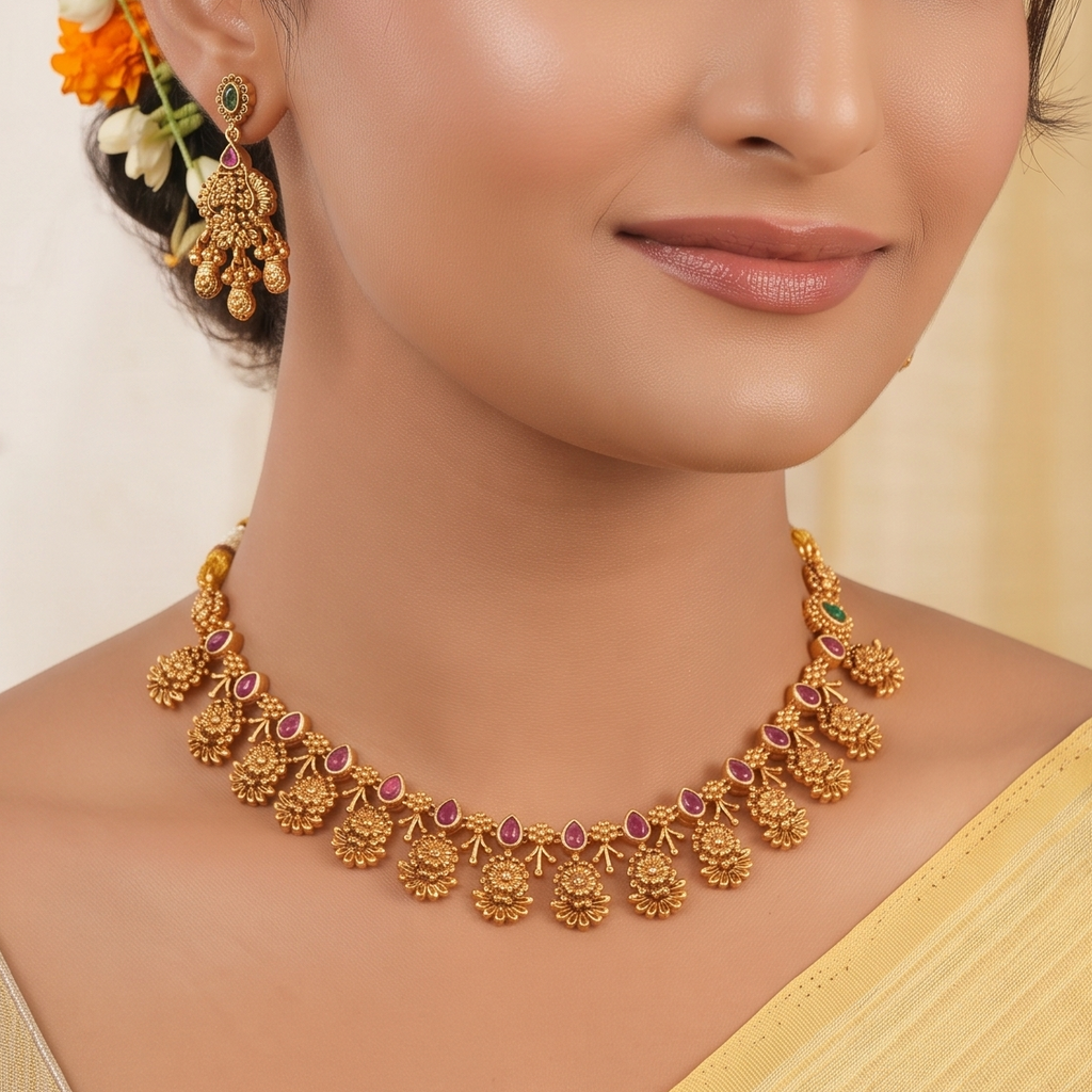 Stunning antique gold ruby floral necklace set