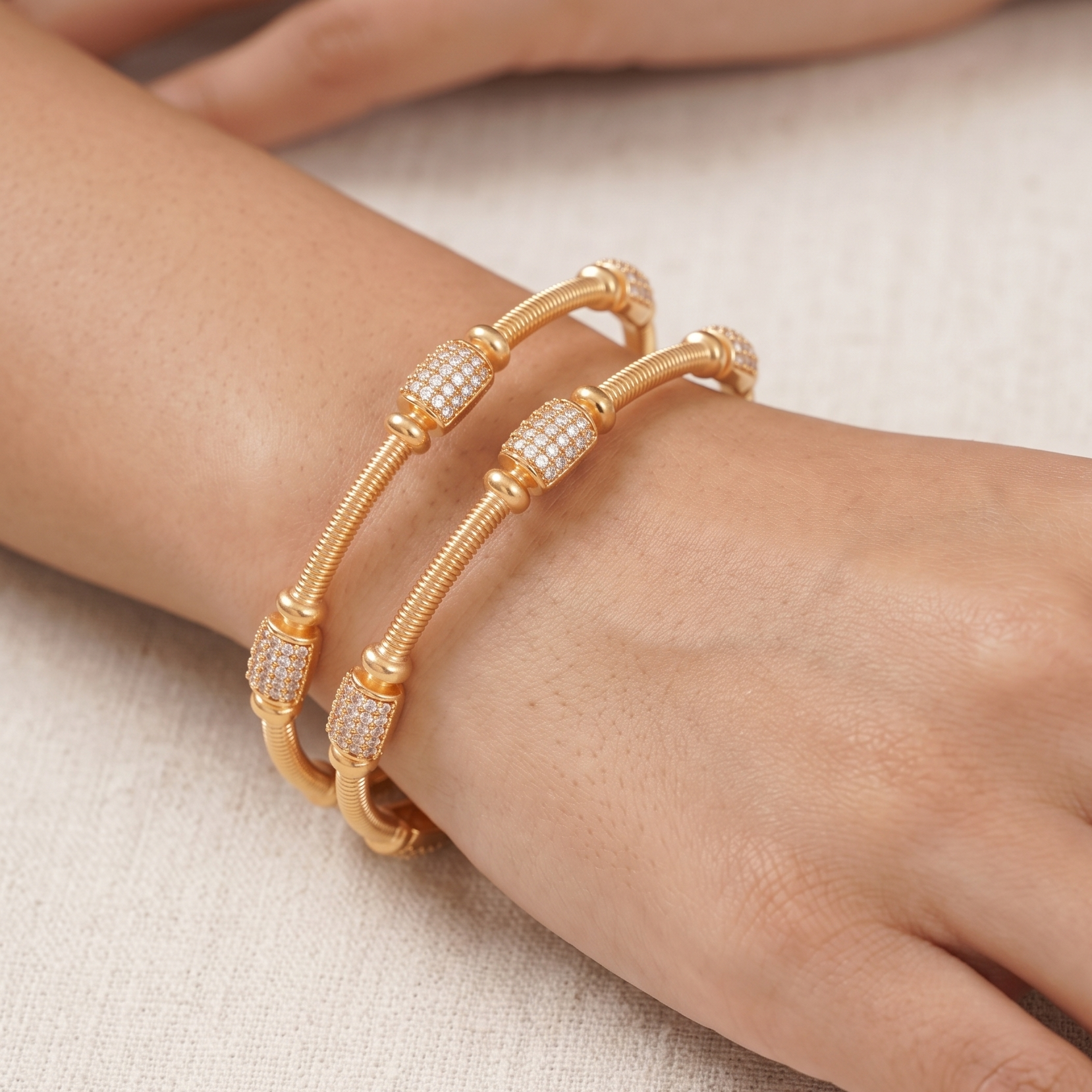 Stunning antique gold spiral diamond bangle set