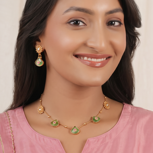 Gold plated ruhani panna drop necklace set