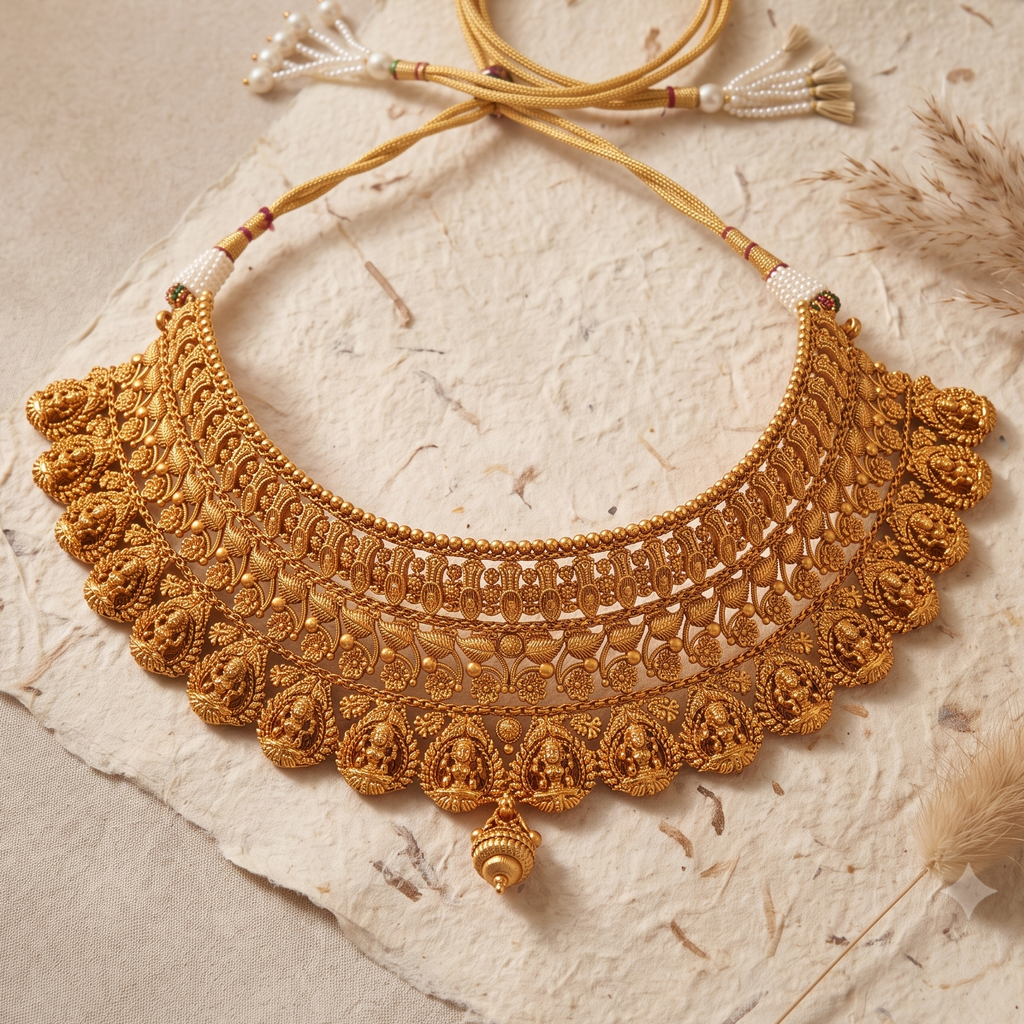 Auspicious antique gold plain intricate maa lakshmi choker necklace set