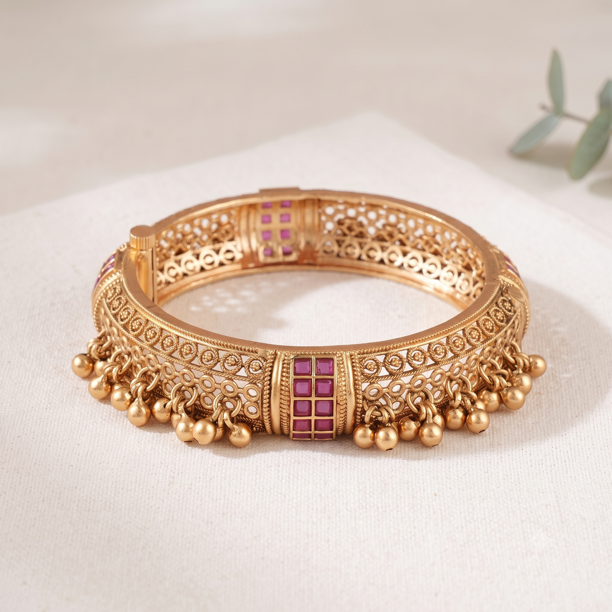 Broad antique gold ruby stone kada bangle
