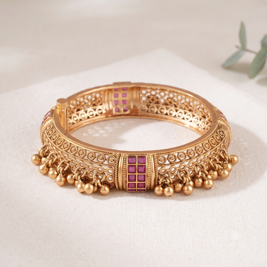 Broad antique gold ruby stone kada bangle