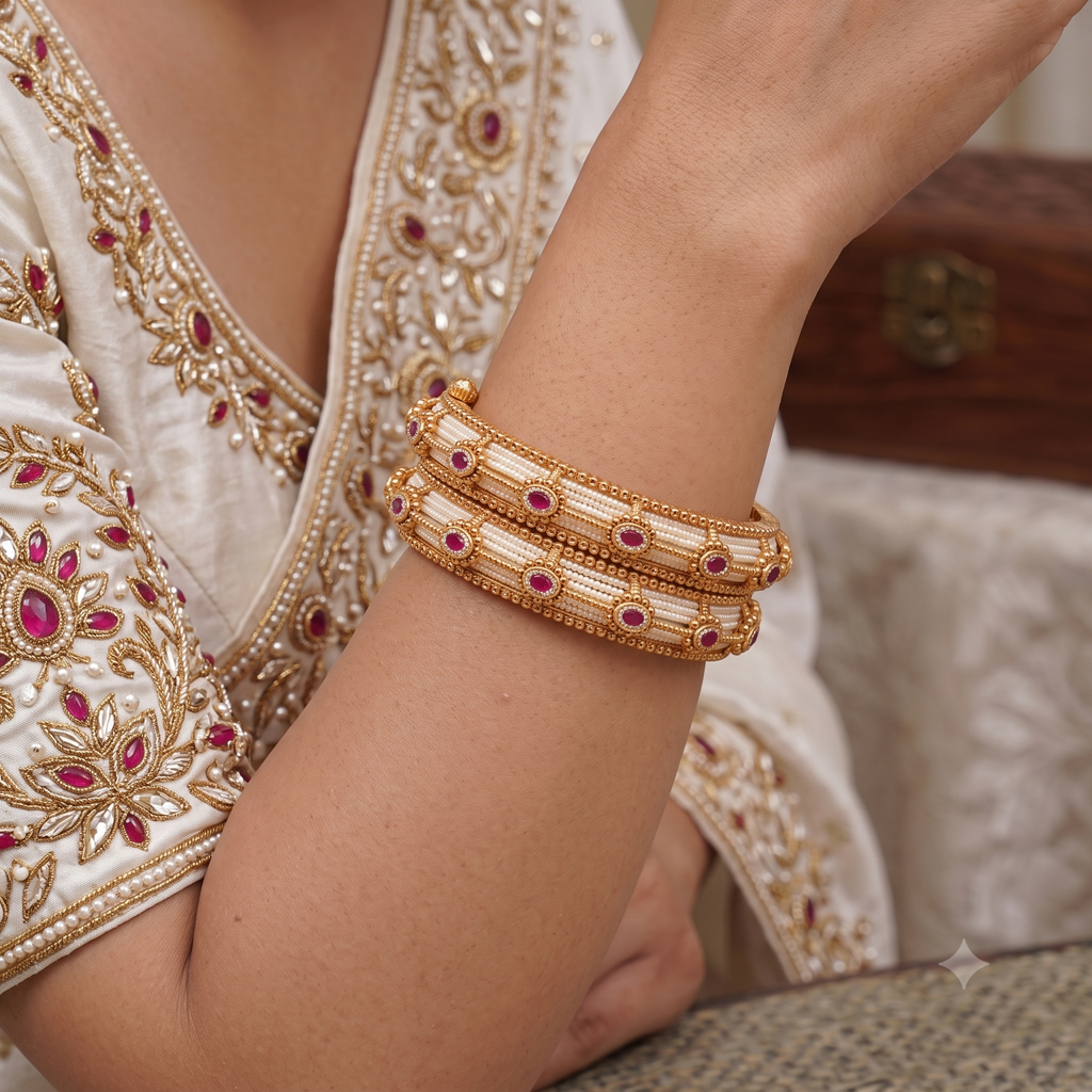 Amazing pearl ruby stone bangle set