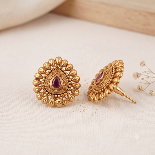 Amazing antique gold plated ruby stone stud earring