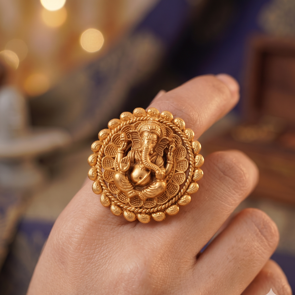 Stunning plain antique gold ganesh finger ring I Temple Jewellery