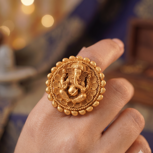 Stunning plain antique gold ganesh finger ring I Temple Jewellery