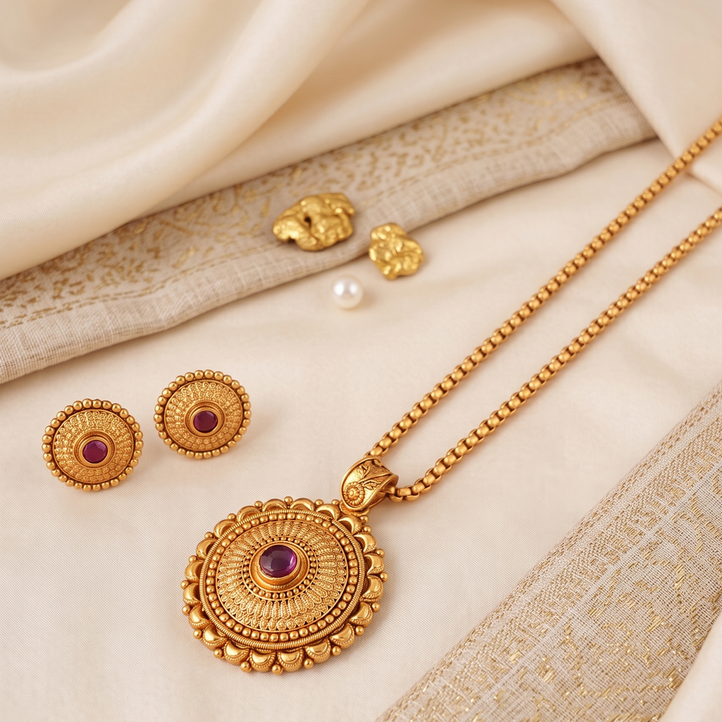 Beautiful traditional antique gold round pendant set