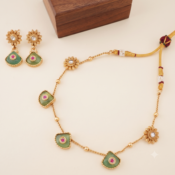 Gold plated ruhani panna drop necklace set