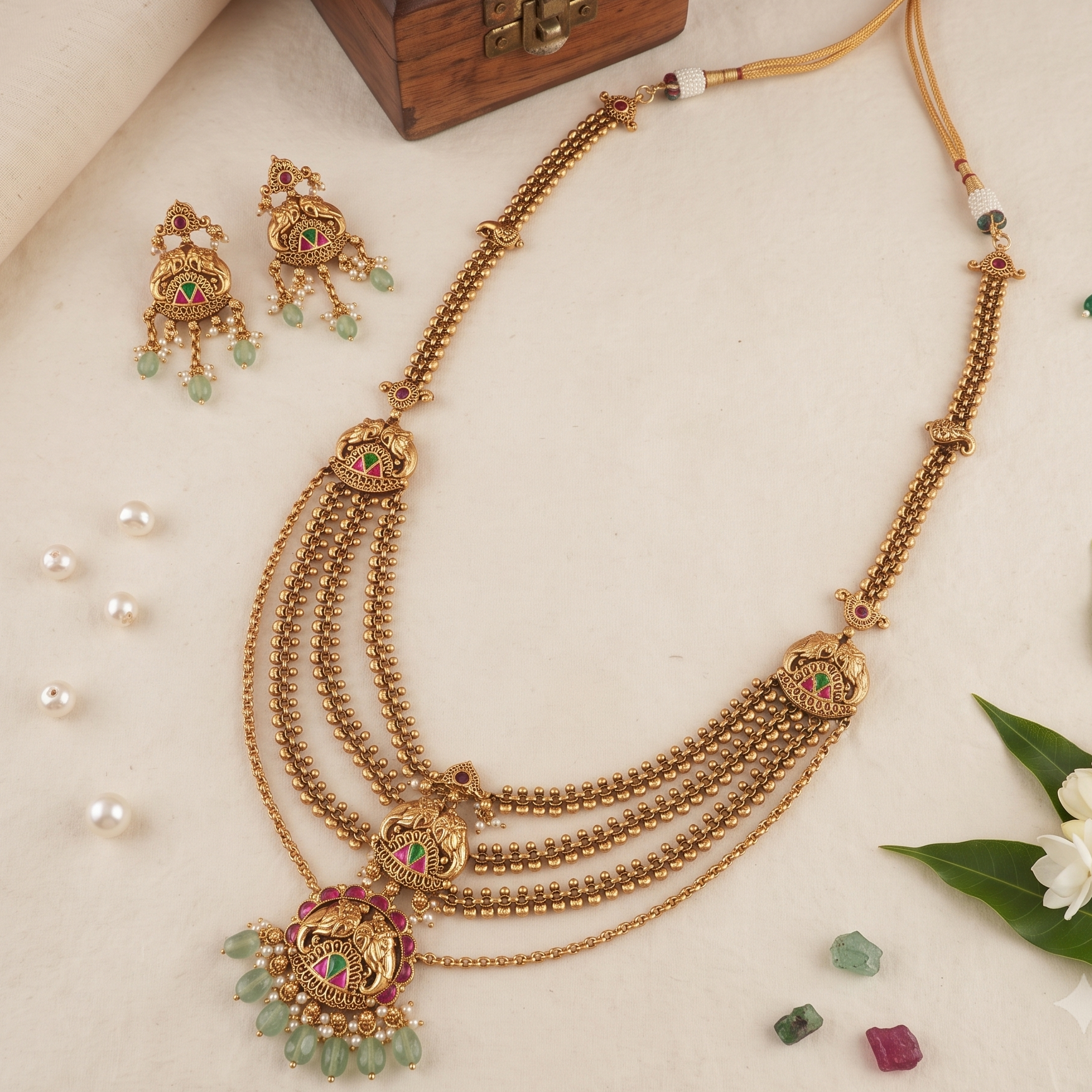 Beautiful long stone antique gold elephant layer neckalce set