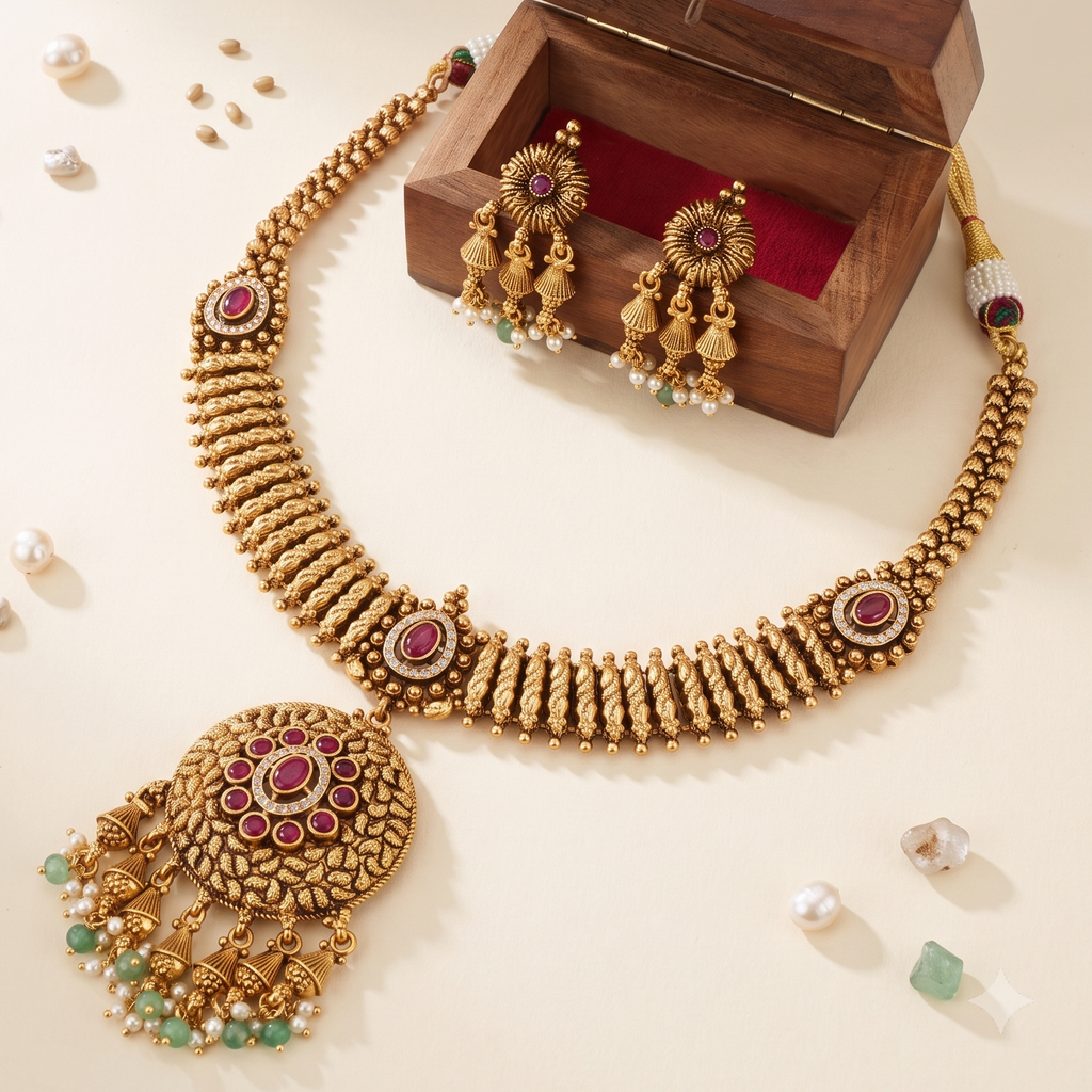 Beautiful antique gold ruby necklace set for women with earring
