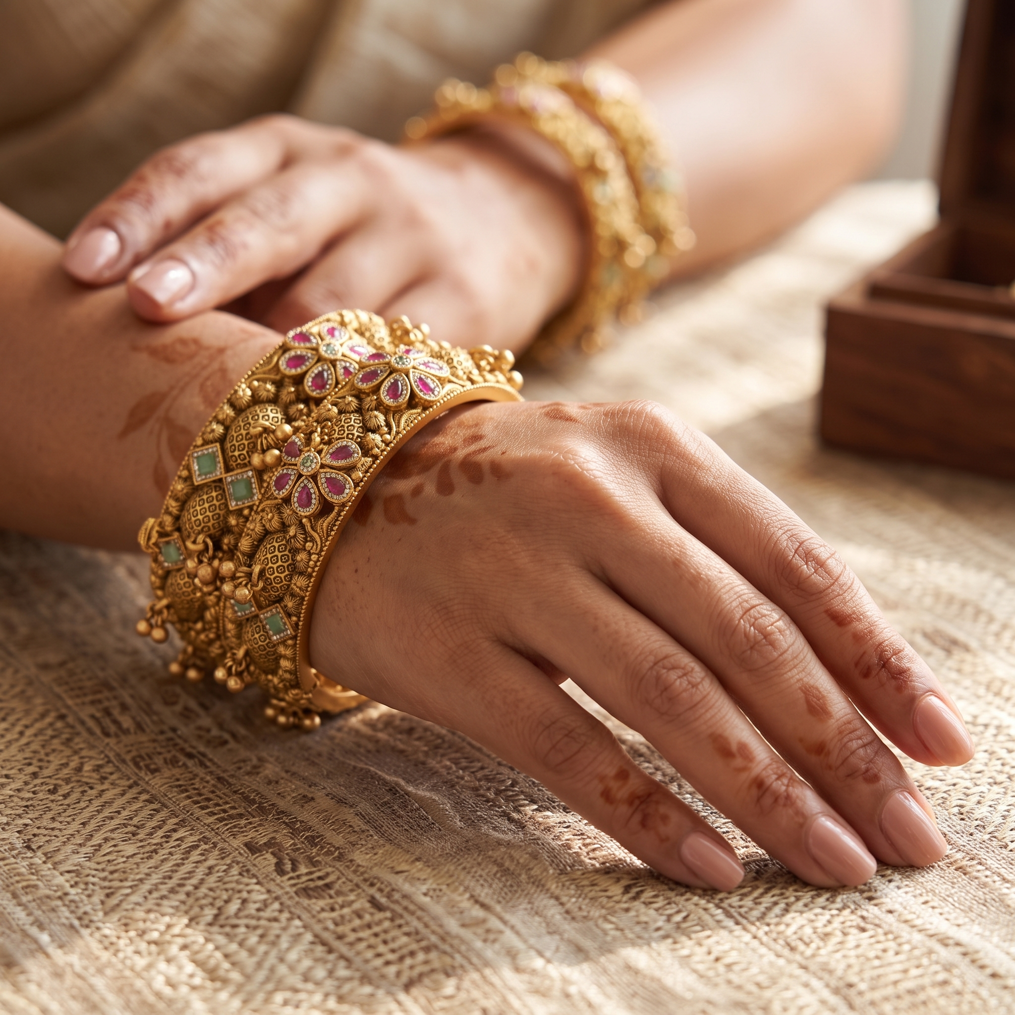Stunning antique gold stone openable bangle set