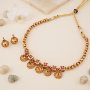 Beautiful ruby embedded antique gold necklace set