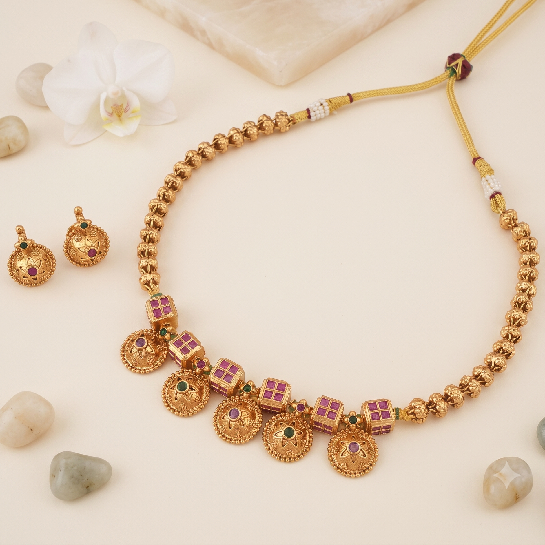 Beautiful ruby embedded antique gold necklace set