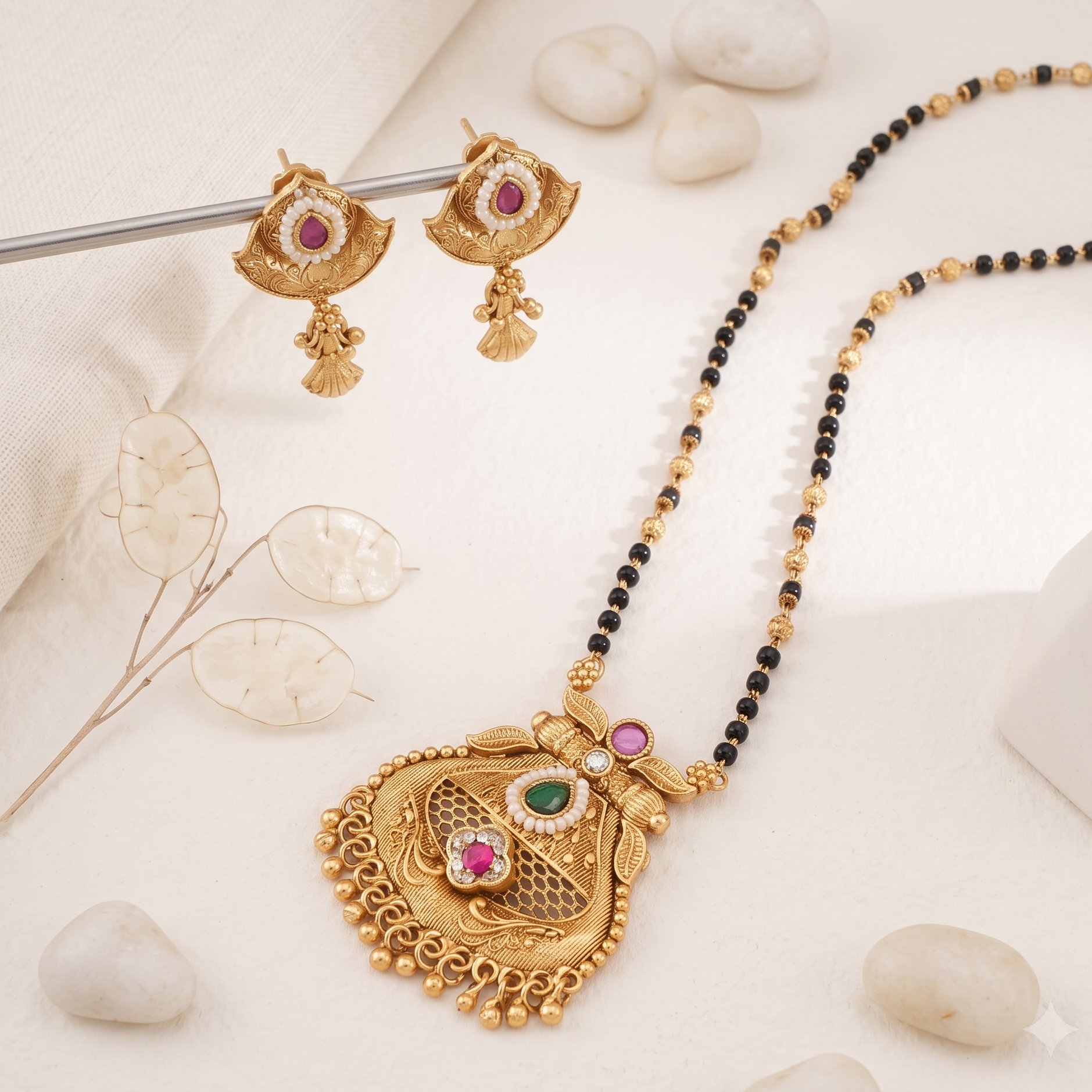 Stunning stone antique gold mangalsutra set
