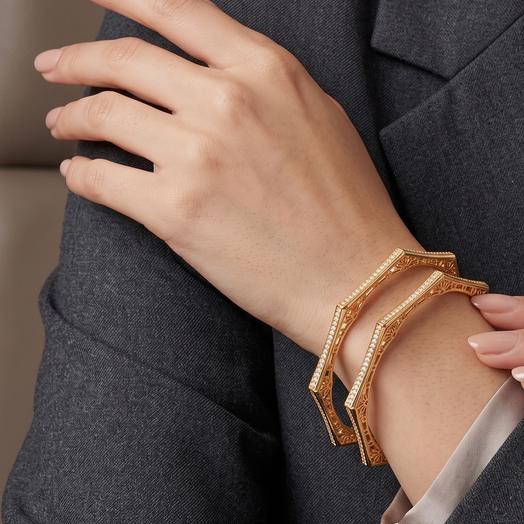 Sleek elegant gold plated diamond bangle set for women