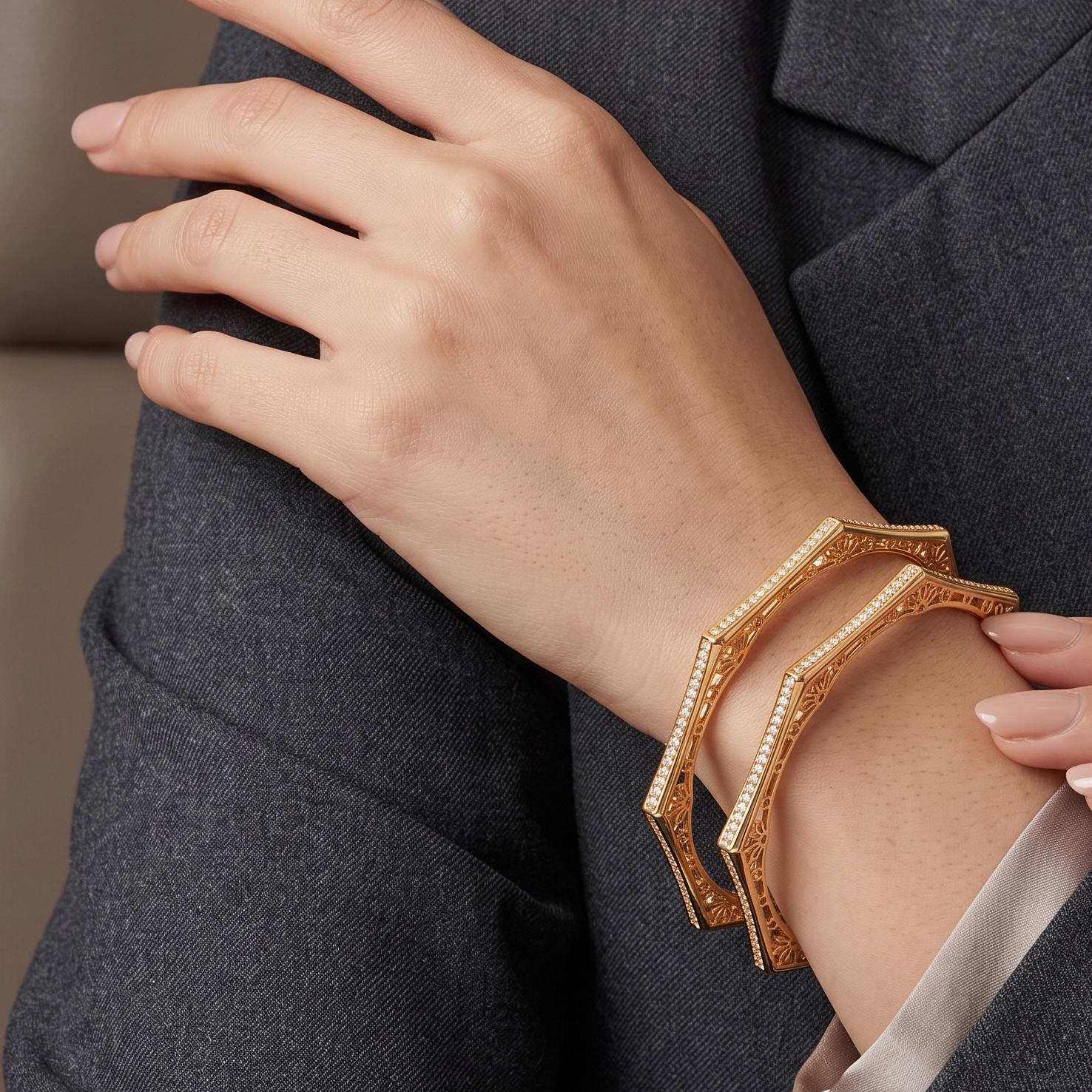 Sleek elegant gold plated diamond bangle set for women