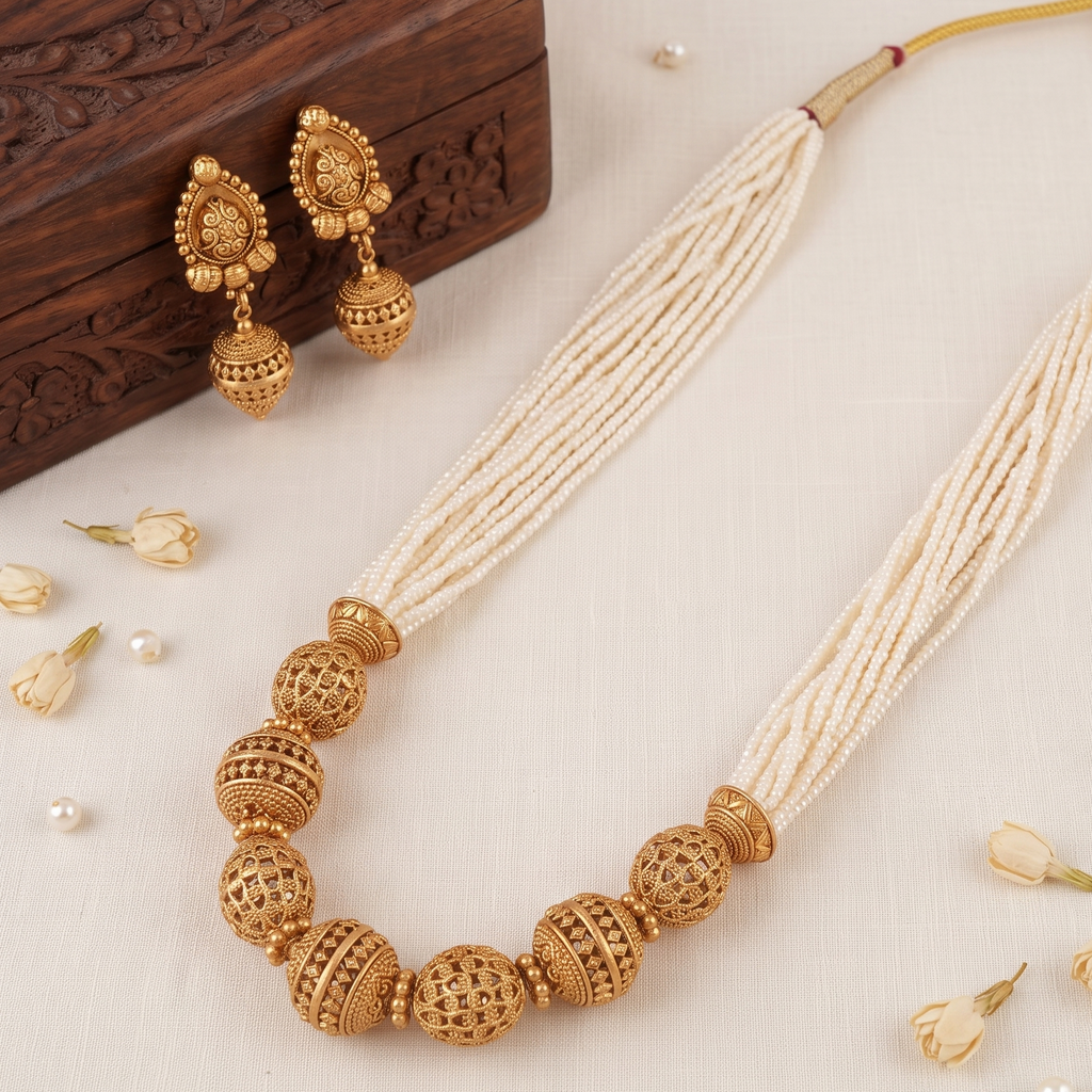 Beautiful antique gold pearl mala necklace set