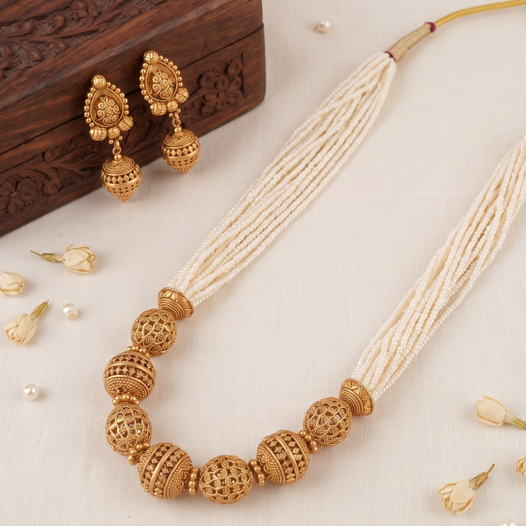 Beautiful antique gold pearl mala necklace set
