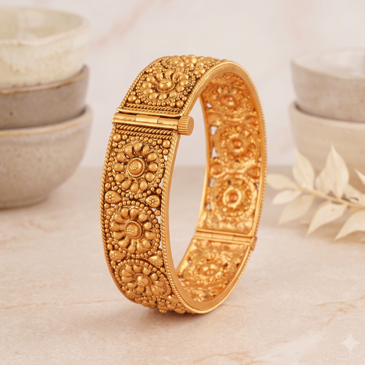 Stunning floral antique gold kada bangle