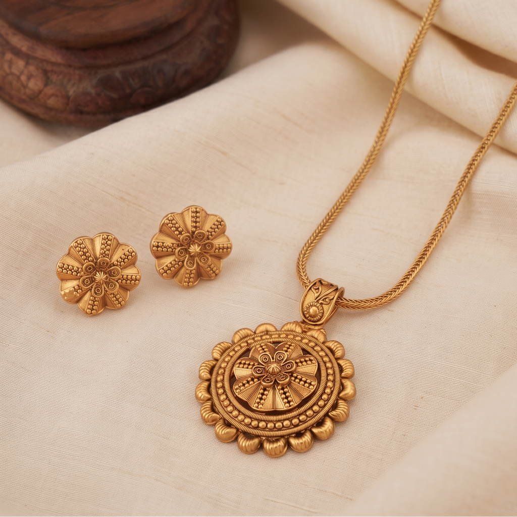 Plain antique gold floral pendant set