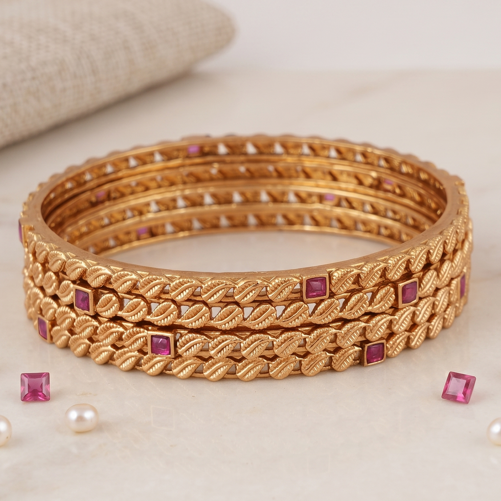 Sleek antique gold ruby stone bangle set