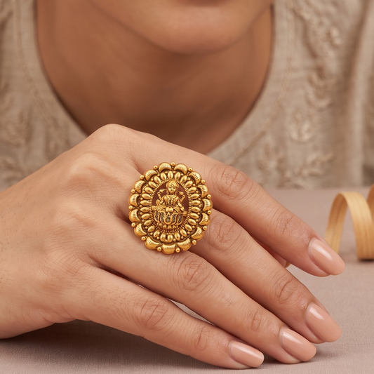 Cute plain antique gold maa lakshmi adjustable finger ring I Temple jewelry