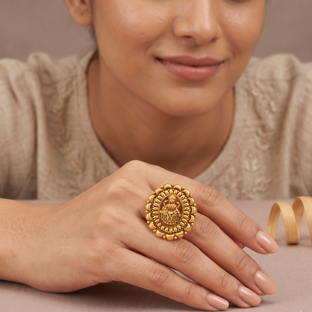 Cute plain antique gold maa lakshmi adjustable finger ring I Temple jewelry