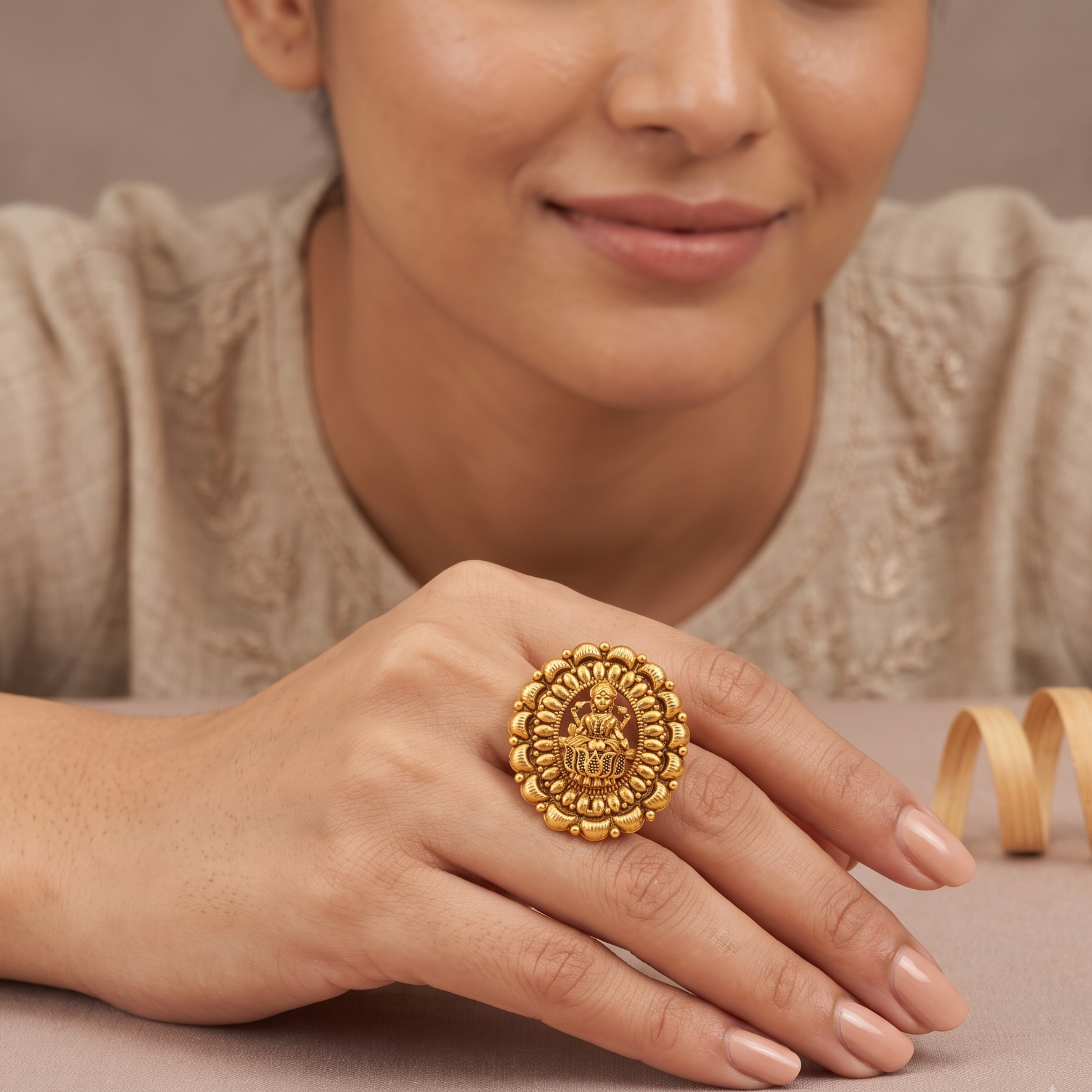 Cute plain antique gold maa lakshmi adjustable finger ring I Temple jewelry