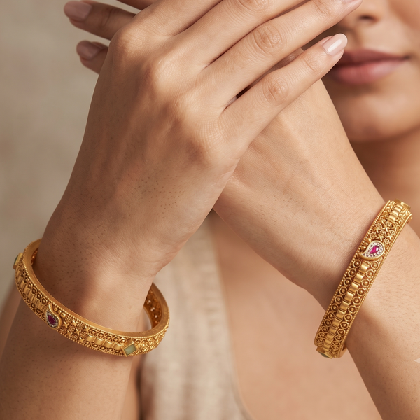 Cute antique gold mint stone bangle set