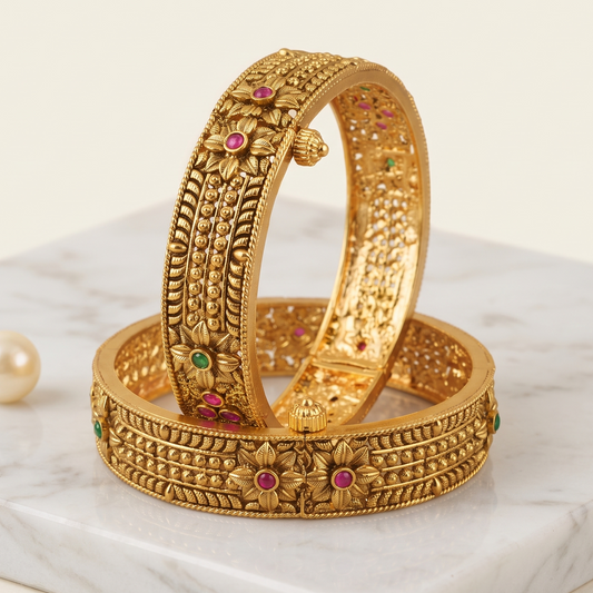 Royal antique gold multicolor stone openable bangle set