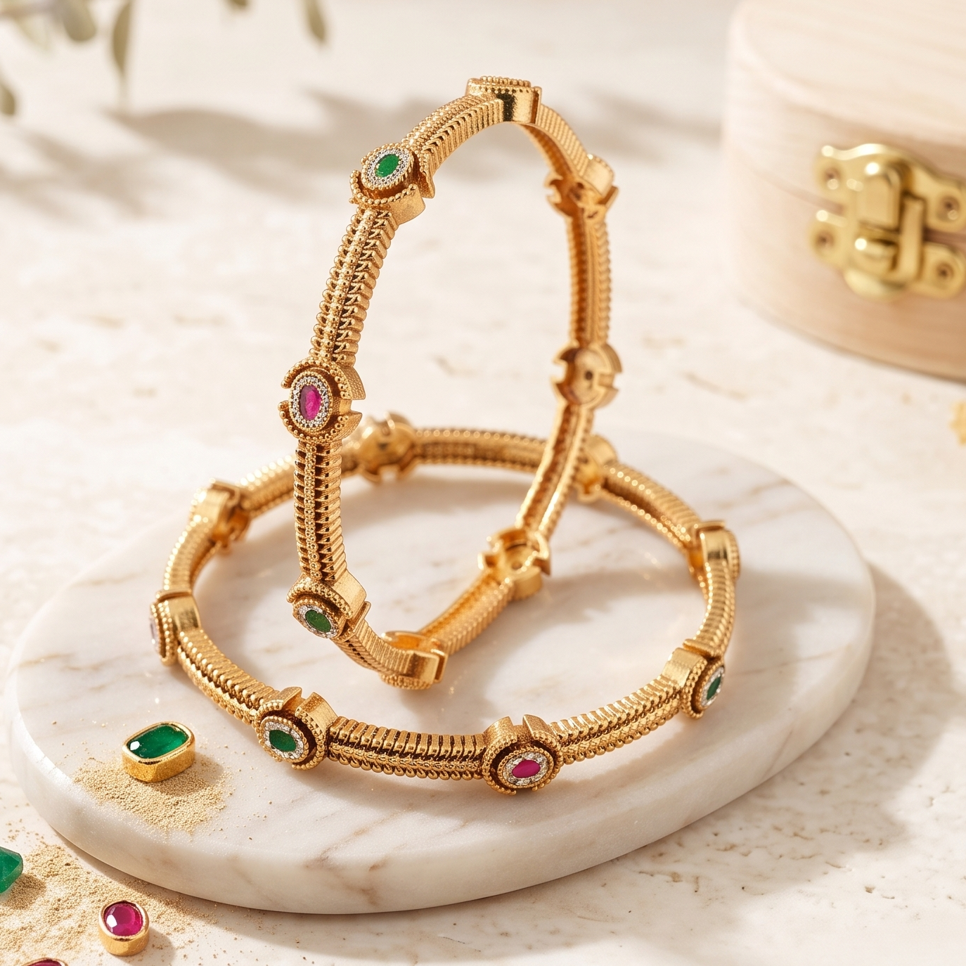 Beautiful antique gold multicolor stone bangle set